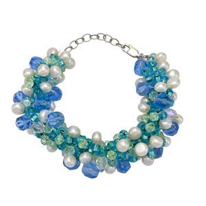 Vintage Sterling Silver 925 Freshwater Pearl Crystal Bead Bracelet 5.5"-6.75"